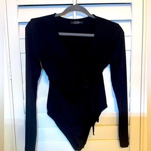Bershka Basic Black Bodysuit with Wrap Tie
